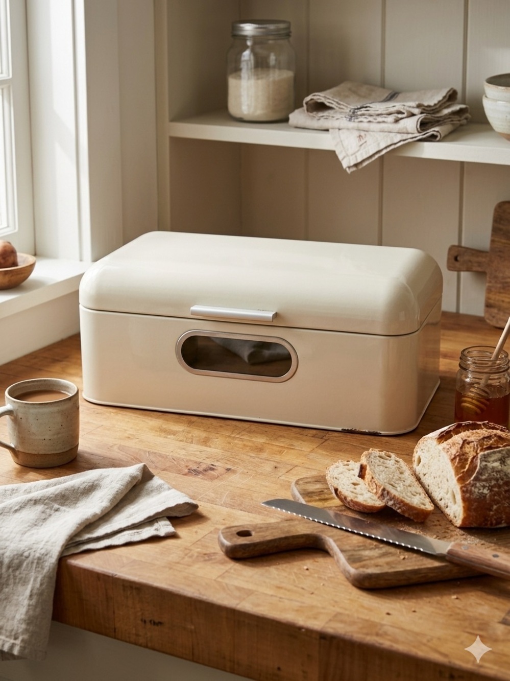 Retro Cream Metal Bread Box Farmhouse Kitchen Storage Bin